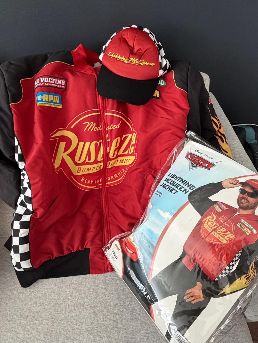 Disney Cars Lightning McQueen Racing/Pit Crew Adult Jacket and Hat - Size Large